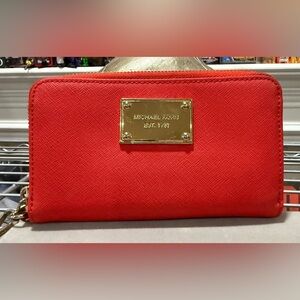Michael Kors Red Saffiano Leather Zip Around Wallet
